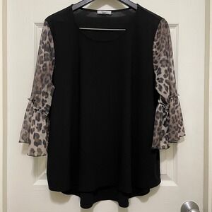 89th Madison Black Top Sheer Leopard Animal Print 3/4 Flounce Sleeve‎ Boho 1X